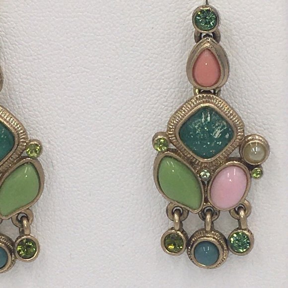 Silver Tone Dangle Pierced Post EARRINGS, Pink Green Glass Plastic Rhinestones - Picture 4 of 6